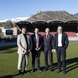 Christian Constantin (président du FC Sion), Philippe Varone (président de la Ville de Sion), Frédéric Favre (chef du département de la sécurité, des institutions et du sport) et Martin Zurwerra (président de l'Association Valaisanne de Football) le 11 janvier dernier à Tourbillon.